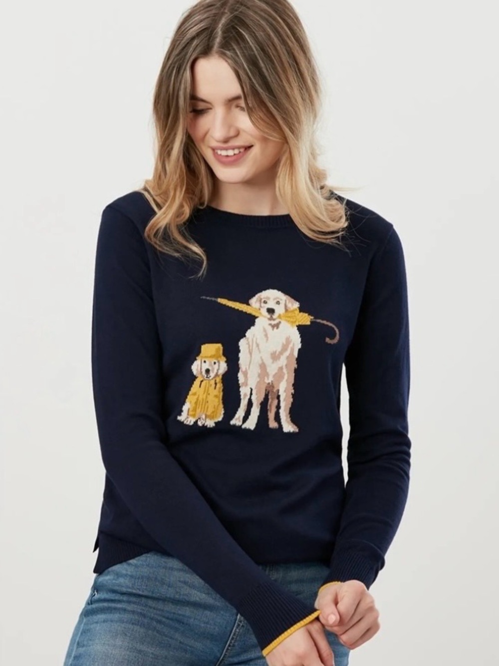 Joules Miranda Crew Neck Rainy Day Dogs Sweater Navy Yellow Size 14